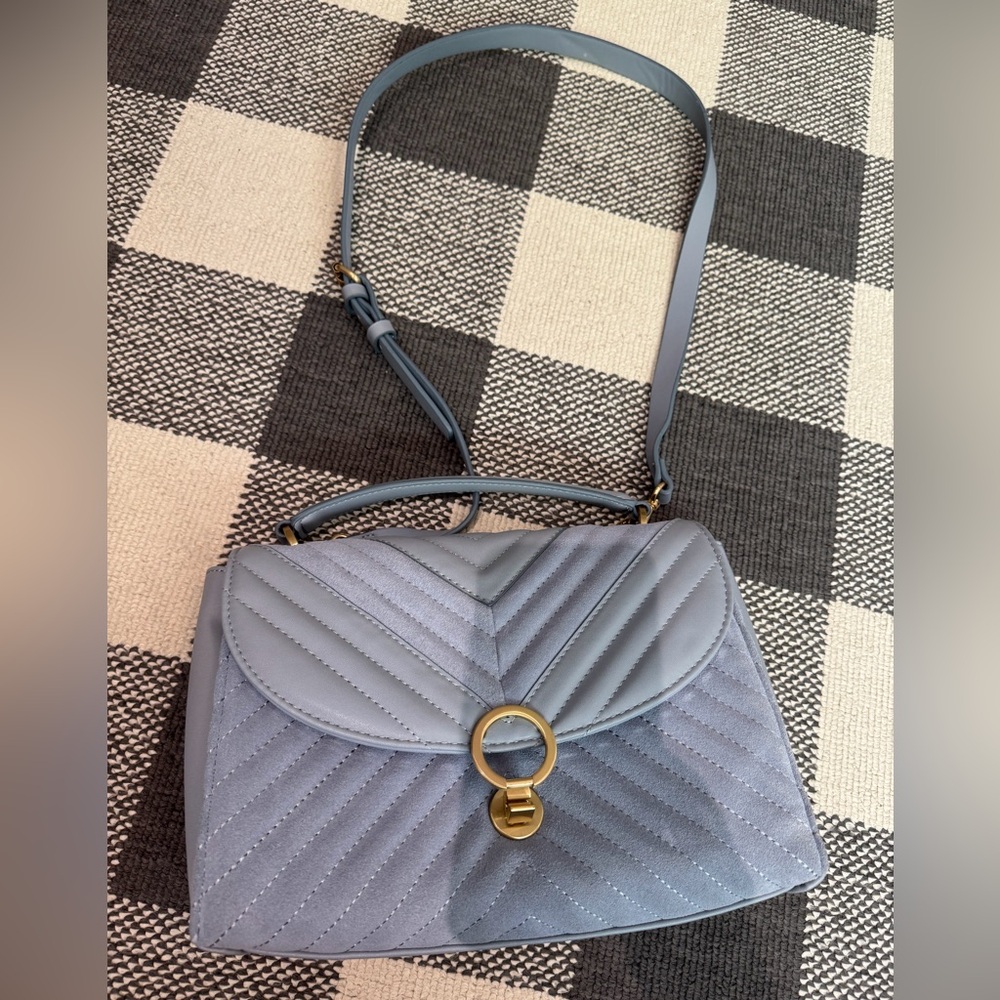 Zara Quilted Dusty Blue Crossbody Bag with Gold Ring